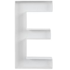 the letter e is made out of white plastic and has two shelves on each side