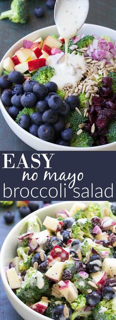 an easy no mayo broccoli salad with blueberries and grapes in it is ready to be eaten