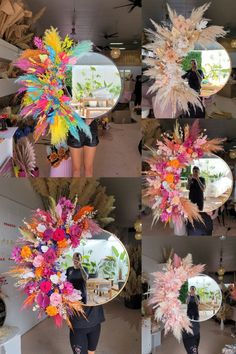 a woman is standing in front of several mirrors with flowers on the top and bottom