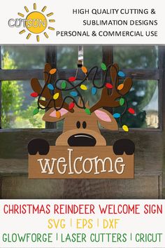 christmas reindeer welcome sign with lights on it