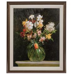 a painting of flowers in a green vase on a table with a black wall behind it