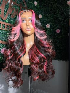 Red Wig Pink Highlights, Black Hair With Fuschia Highlights, Black Lace Front With Pink Highlights, Pink Highlights In Black Hair Wig, Black And Pink Highlights Wig, Black Wig Pink Highlights, Birthday Hair Colors, Wig With Color Highlights, Pink And Black Sew In