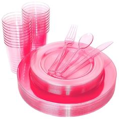 pink plastic dinnerware set with forks and spoons