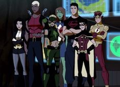 an animated group of superheros standing in front of a screen with the earth in the background