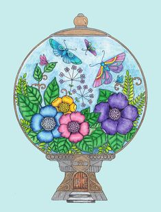 a drawing of flowers and butterflies in a glass bowl on a stand with blue background