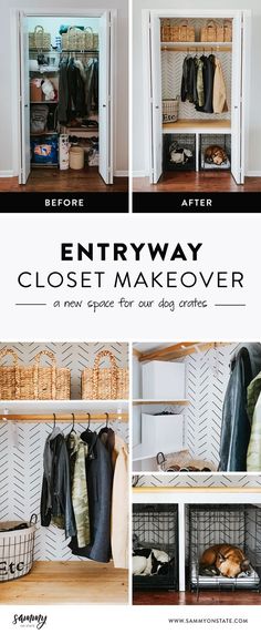 the entry way closet makeover is shown with baskets and clothes hanging on shelves in it