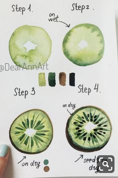 the steps in how to draw watercolor kiwi