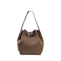 Brunello Cucinelli bucket bag in soft velour leather  Adjustable shoulder strap Open top with adjustable buckle strap  Approx. 12.2"H x 10.2"W x 6.7"D Made in Italy Leather Shoulder Tote Bag With Buckle Closure, Luxury Suede Bucket Bag For Everyday, Luxury Everyday Suede Bucket Bag, Evening Bag With Buckle Closure And Top Handle, Luxury Top Handle Bag With Buckle Closure, Chic Tote Satchel With Buckle Closure, Luxury Bags With Buckle Closure And Top Handle, Leather Tote Satchel With Buckle Closure, Leather Bag With Buckle Closure And Double Handle