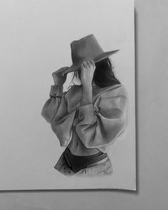 a drawing of a woman wearing a hat and holding her hand up to her face