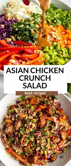 This asian chicken crunch salad is easy to make, high protein, gluten free and perfect for a simple meal prep lunch recipe. This chicken crunch salad has a simple peanut dressing and is so healthy and flavorful with edamame, veggies and sesame chicken. Simple Meal Prep Lunch, Simple Meal Prep, High Protein Gluten Free, Crunch Salad, Meal Prep Lunch, Prep Lunch, Peanut Dressing, Lunch Recipe, Healthy Bowls