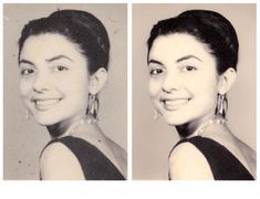 two black and white photos of women with earrings