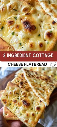 two ingredient cottage cheese flatbreads on a wooden cutting board with text overlay that reads, 2 ingredient cottage cheese flatbread