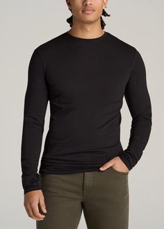 American-Tall-Men-Original-Essentials-SLIM-FIT-Long-Sleeve-T-Shirt-Black-front Classic Slim Fit Crew Neck Top, Classic Crew Neck Slim Fit Top, Solid Slim Fit Crew Neck T-shirt, Black Slim Fit Crew Neck T-shirt, Black Slim Fit Crew Neck Tops, Tall Men, Men Wear, Extra Long Sleeves, Long Sleeve Tee Shirts