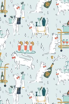 an image of a pattern with dogs and drinks on the table in front of them