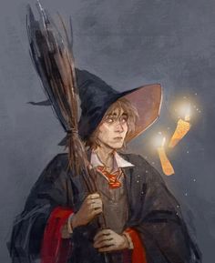 a painting of a wizard holding a wand and wearing a hat with feathers on it