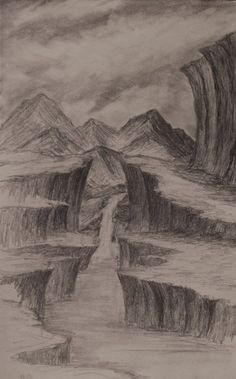 a pencil drawing of a landscape with mountains and a river in the foreground on a cloudy day