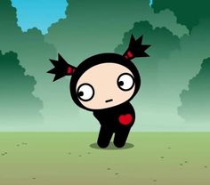 a cartoon character with black hair and red eyes standing in the middle of a field