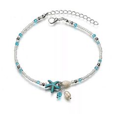 Turquoise Blue White & Clear Starfish & Seashell  Shell Crystal Beads - Ella Moore Beach Carnival, Anklets Online, Starfish Anklets, Dazzling Jewelry, Anklet Chain, Silver Ankle Bracelet, Beaded Ankle Bracelets, Beautiful Anklet, Stella Marina