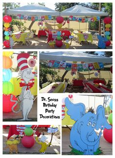 dr seuss the cat in the hat birthday party decorations and table cloths with balloons