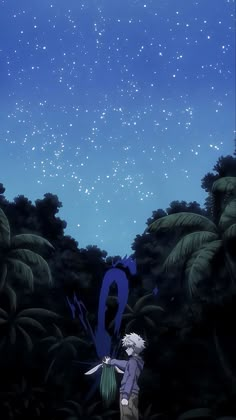 an anime scene with two people standing in the woods looking up at the night sky