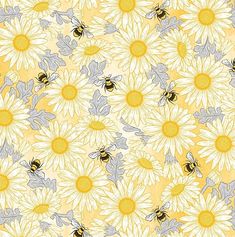 bees and sunflowers on yellow background