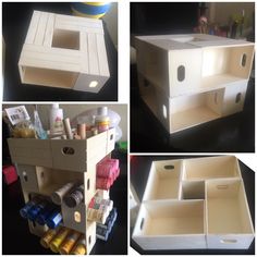 four different views of the inside of a crafting box, including drawers and shelves