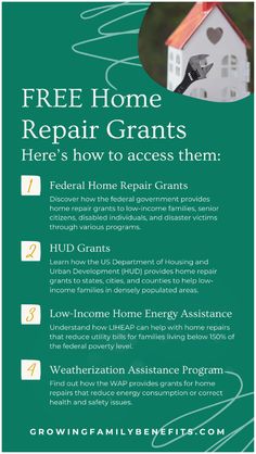 a green poster with the words free home repair grants here's how to access them