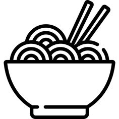 a bowl filled with noodles and chopsticks in black on a white background illustration