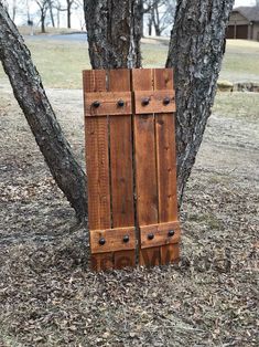 an old wooden door sitting next to a tree