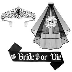 the bride or die tiara and veil are on display