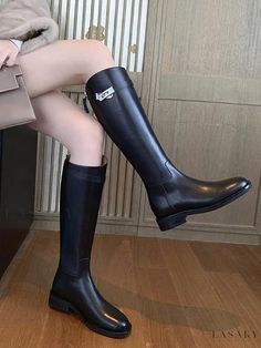 Lasaky - Stylish Black Knee High Boots for Women with Round Toe and Lock Detail - Premium Flat Riding Boots Flat Riding Boots, Knee High Riding Boots, Knee High Boots Flat, Elegant Flats, Pu Boots, Chunky Heel Ankle Boots, Womens Riding Boots, Black Knee High Boots, Estilo Chic