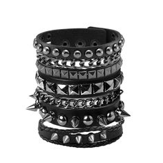 PRICES MAY VARY. 1. 3 Pcs Punk and Gothic Leather Bracelets you will get: A Cool Hollow Bracelet with Chain and Spikes + A Cool Hollow Bracelet with Chain and Rivet + An Attractive Punk Leather Bracelet with little Spkes 2. Punk and Gothic Style Bracelets: These bracelets are designed as punk and gothic jewlery accessories, therefore, you can not only match them with your daily casual dressing, but you can also dress them as punk and gothic outfits. 3. Adjustable Buckle: To convinence our custom Steampunk Bracelet, Gothic Bracelet, Casual Dressing, Retro Bracelet, Style Punk, Leather Bracelets, Leather Cuffs Bracelet, Gothic Outfits, Gothic Style