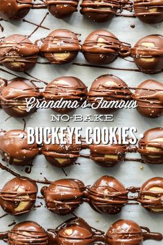 chocolate covered cookies with peanut butter on top and the words, no bake buckeye cookies