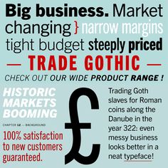 a poster with the words trade gothic and some other things in red, black and white