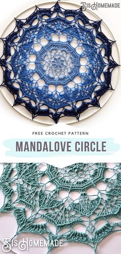 the free crochet pattern for a circular doily is shown in blue and green