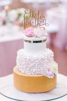 theknot Wedding Cake Quotes, Word Cake, Gold Cake Topper Wedding, Cake Quotes, Creative Wedding Cakes, Wedding Cake Photos, Pink And Gold Wedding, Gold Wedding Cake, Wedding Dress Trends