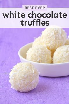 white chocolate truffles in a bowl on a purple background