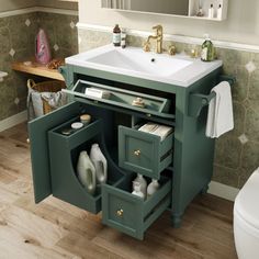 a bathroom sink with an open cabinet underneath it