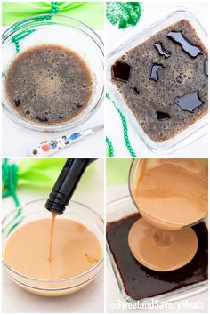 four pictures showing how to make homemade chocolate puddings with milk and caramel syrup