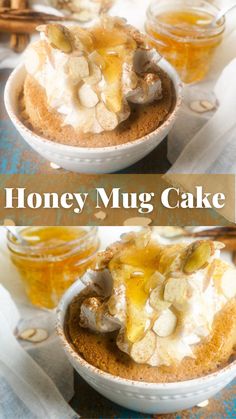 2 pictures on this pin. Both are of a honey cake baked in a small white baking dish and topped with homemade whipped cream, cinnamon, extra honey, and almonds. Honey Mug Cake Microwave, Dairy Free Mug Desserts, Gooey Mug Cake, Gluten Free Mug Recipes, Gf Mug Cake, Gluten Free Mug Cake Microwave, Oat Flour Mug Cake, Dairy Free Mug Cake, Healthy Mug Cake 100 Calories