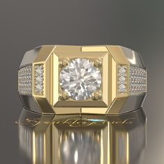 a gold ring with a large diamond surrounded by smaller round brilliant cut diamonds on a reflective surface