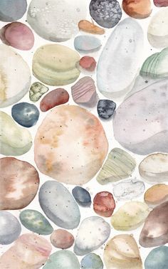 a painting of rocks and pebbles on a white background with watercolor paint stains all over the surface