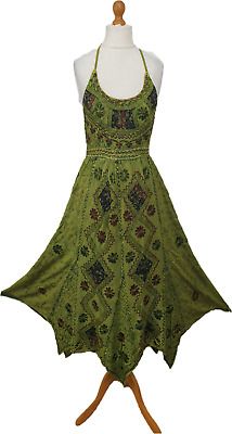 Trendy Fashion Halter Neck Bohemian Dress Maxi Embroidered Pixie Hem One size 8 10 12 14, Women's Dresses Green Sleeveless Fitted Embroidered Dress, Green Fitted Sleeveless Embroidered Dress, Traditional Green Sleeveless Dress, Bohemian Sleeveless Festive Dress, Fitted Embroidered Bohemian Boho Dress, Fitted Embroidered Bohemian Dress, Fitted Embroidered Boho Dress, Embroidered Fitted Boho Dress, Casual Green Dress For Festive Occasions