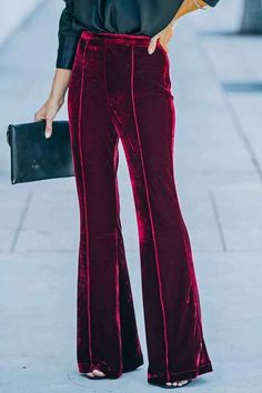 Velvet high rise flare cut bottoms with side zipper, elastic on the back waisr 92% Polyester 8% Spandex Velvet Flare Pants, Elegant Boots, Look Plus Size, Velvet Flares, Simple Bangle, Flare Pant, Herringbone Necklace, Fun Pants, High Waist Fashion