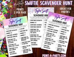 two scavenger hunt printables on a wooden table with confetti