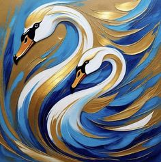 two swans are swimming in the water with gold and blue waves on it's sides