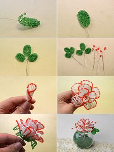 four pictures showing how to make an ornament with yarn and flowers in it