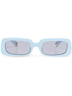 light blue grey tinted lenses UV protection rectangle frame logo print at the arm straight arms curved tips These glasses come with a protective case. Modern Blue Square Frame Sunglasses, Classic Blue Sunglasses With Uva Protection, Blue Mirrored Lenses Square Frame Sunglasses, Blue Square Frame Sunglasses With Tinted Lenses, Blue Square Frame Sunglasses With Mirrored Lenses, Classic Blue Sunglasses With Uv Protection, Blue Wayfarer Shield Sunglasses With Gradient Lenses, Blue Rectangular Sunglasses For Summer, Modern Blue Shield Sunglasses For Summer