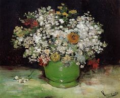 a painting of flowers in a green vase