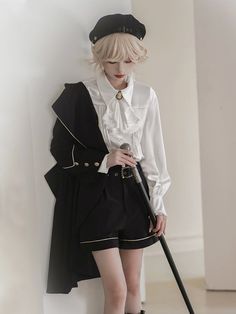 An item with the atmosphere of a prestigious butler. A fishtail jacket with different lengths at the front and back gives it an elegant feel. The short shorts are decorated with a belt at the waist. The blouse is decorated with ribbons and brooches on the chest, pleats on the front, and laces on the back. 
 
 Delivery schedule 
 
 This is a made-to-order product. 
 It will take approximately 2 to 2 and a half months from order to delivery. 
 
 
 
 Item 
 
 3-piece set of jacket + shorts + blouse Elegant Jacket, Old Fashion Dresses, Short Blouses, Mode Inspo, J Fashion, Fancy Outfits, Character Outfits, Short Shorts, Lolita Fashion